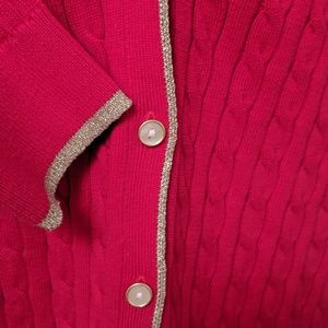 Lands End red cardigan with gold trim